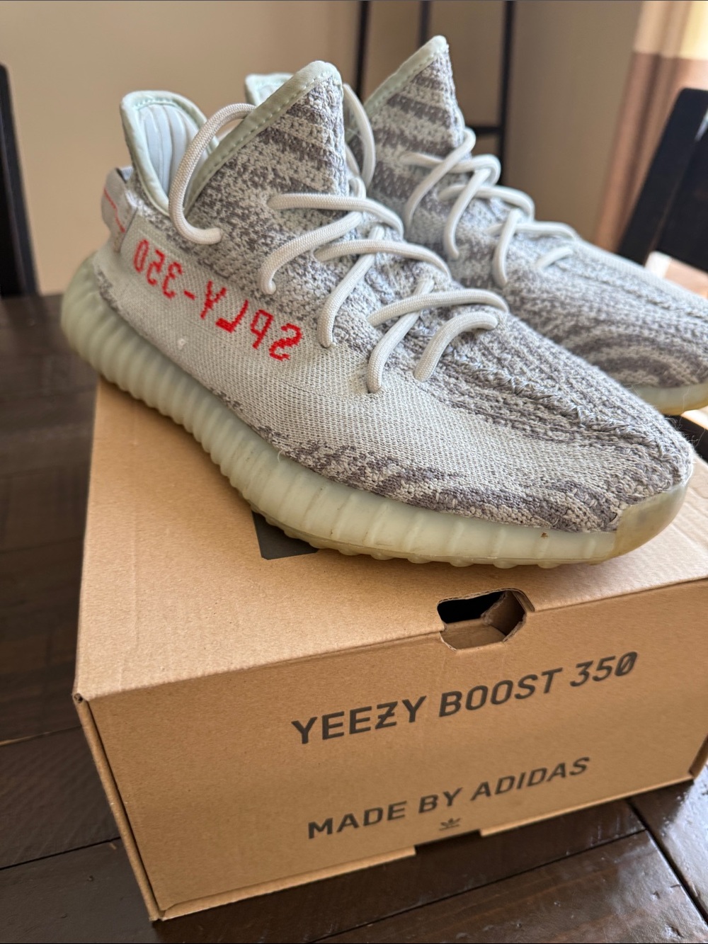 Adidas Men’s Yeezy Boost 350 V2 — Grey with Red Accent, Size 10